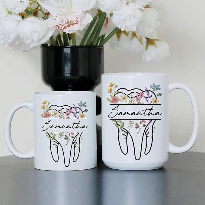 Personalized Floral Dentist Dental Hygiene Mug - Dental Assistant Mug - Dental Nurse Orthodontics Graduation Gift - Dentist Custom Name 11Oz 15Oz (DENTAL-FLORAL-M4)