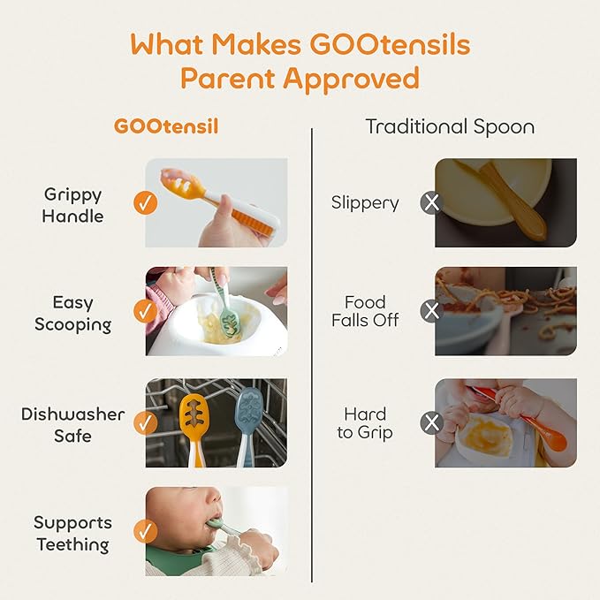 NumNum Baby Spoons Set, Baby Essentials Pre-Spoon GOOtensils for 6+ Months, First Stage Self-Feeding Spoons for Baby Led Weaning (BLW), Silicone Toddler Utensils, BPA-Free, 2 Pack Beige/Mauve