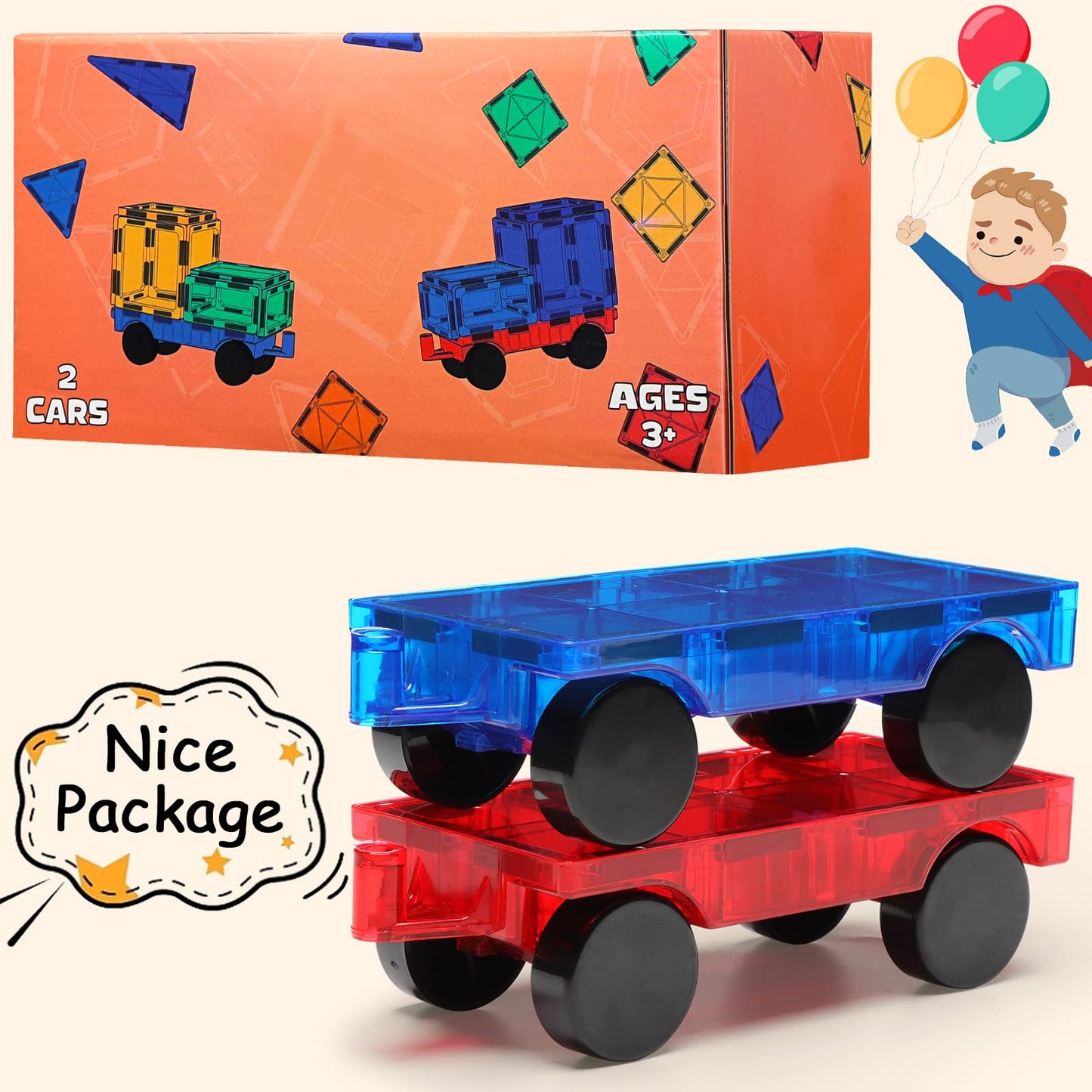 Gemmicc 2PCS Magnetic Cars + 63PCS Magnetic Tiles Set