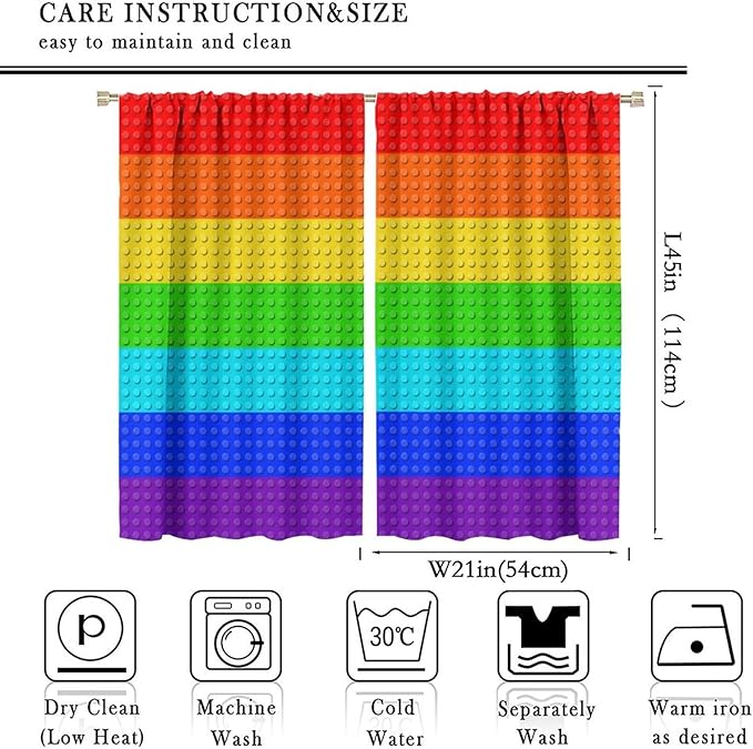 Colorful Building Block Toy Curtain Rod Pocket Children's Nursery Rainbow Contour Plastic Toy Brick Geometric Print Pattern Curtain Boys Girls Bedroom Playroom 2 Panels 42x45in