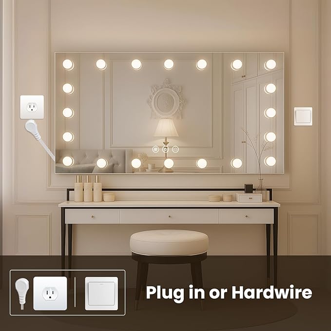 WTTY LED Bathroom Mirror with Lights 48"x32" Hollywood Wall-Mounted Mirror with 3 Color Temperatures, Stepless Dimmable Bulbs, Anti-Fog & Shatter-Proof