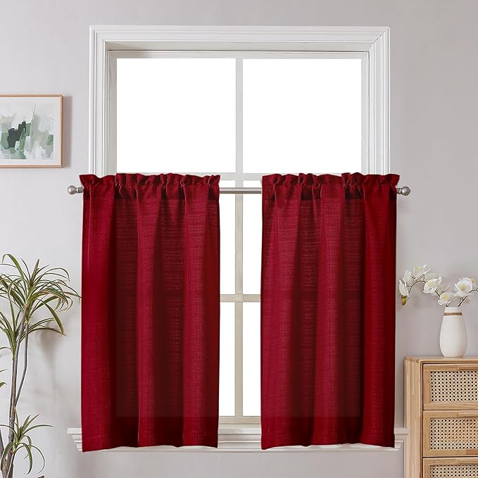 Chyhomenyc Christmas 2 Panels Red Kitchen Curtains 36 Inch Length, Faux Linen Textured Small Cafe Curtain Tiers, Light Filtering Short Window Curtains for Bathroom Basement, 30x36 inch, 2PCS