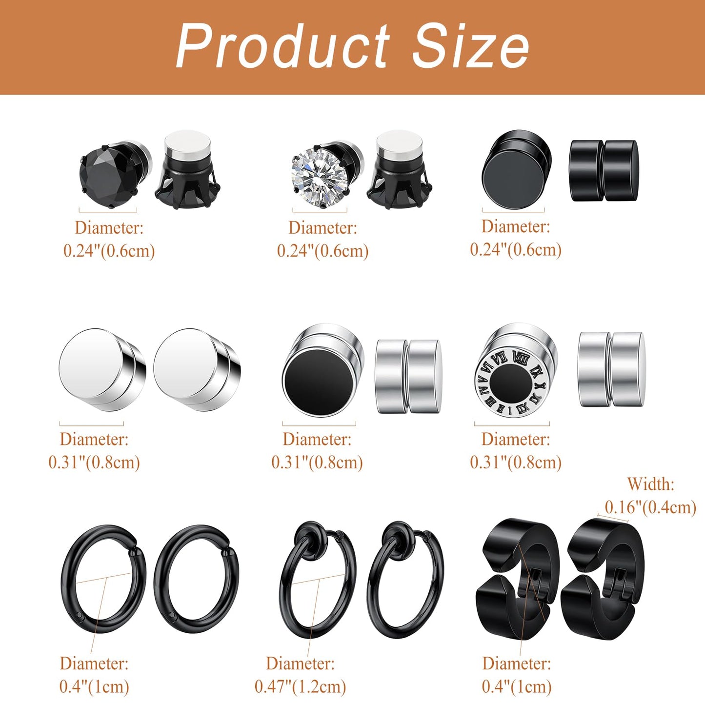 Non-piercing Magnetic Punk Earrings Set: 18PCS Stainless Steel Fake Cheater Studs Clip On Jewelry Set for Men Women