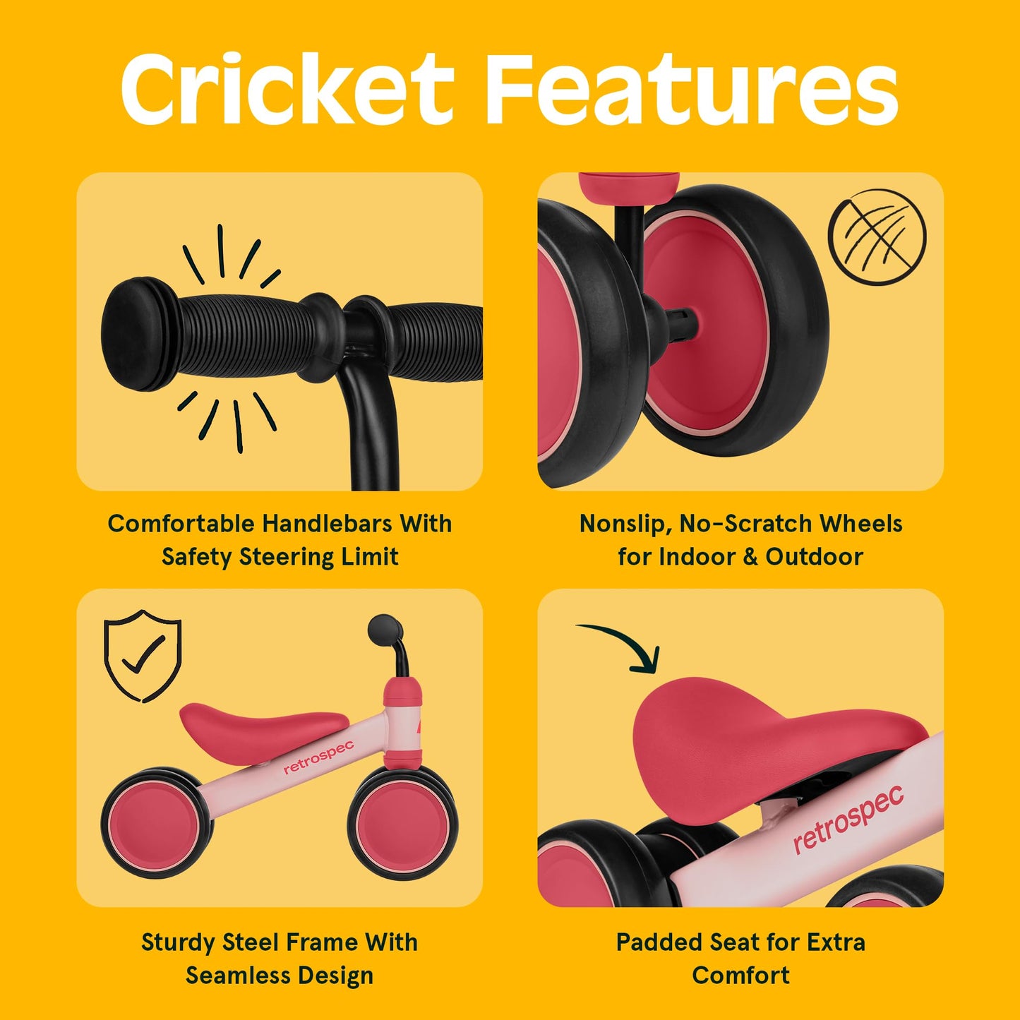 Retrospec Cricket Baby Balance Bike, 4-Wheel Ride-On Toy for Ages 12-24 Months – First Bike & Toddler Bike for 1 Year Old Boys & Girls, First Birthday Gift
