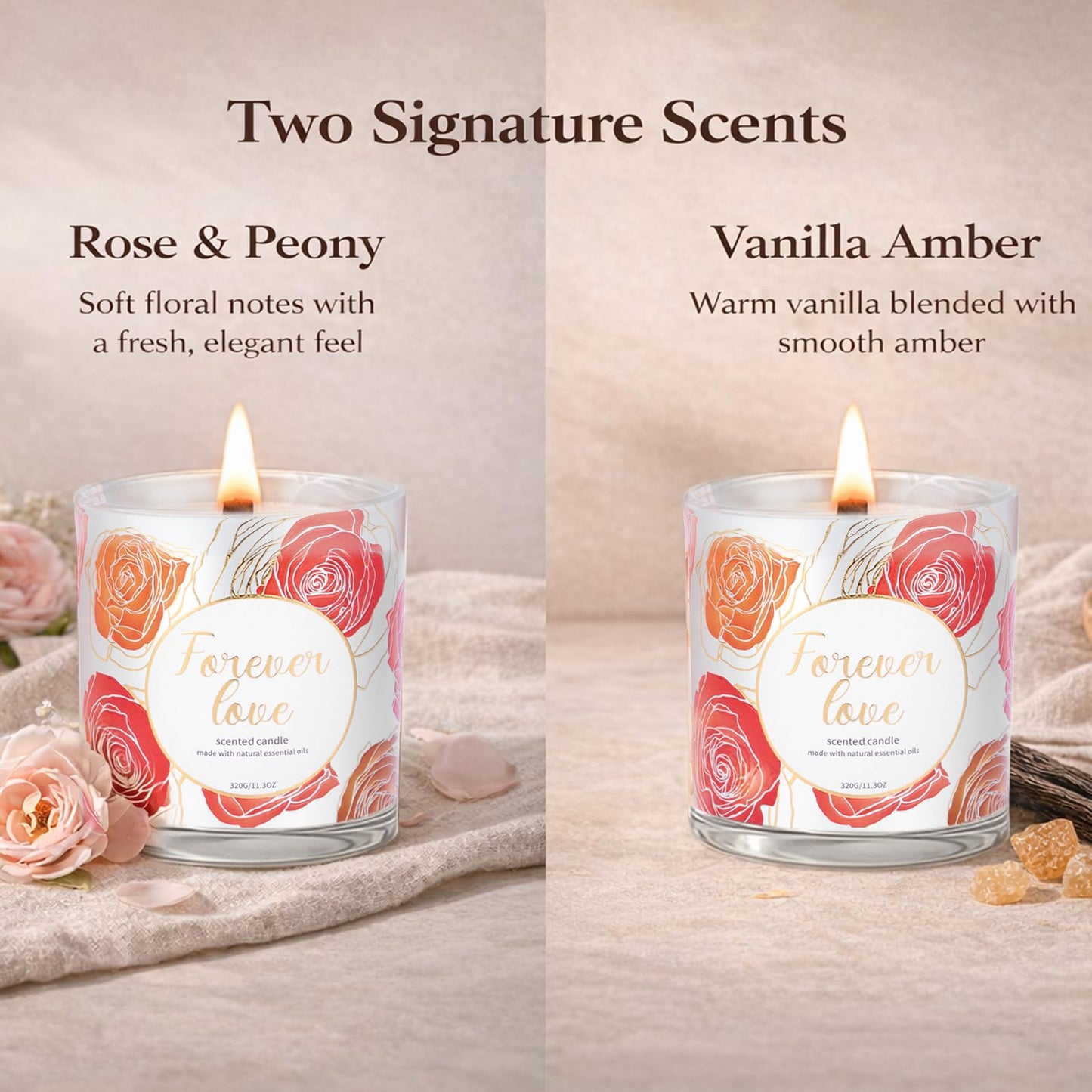 2 Pack Wood Wick Soy Wax Candle Gift Set for Women, Rose & Peony and Vanilla Amber, 11.3 Oz Each, Individually Boxed