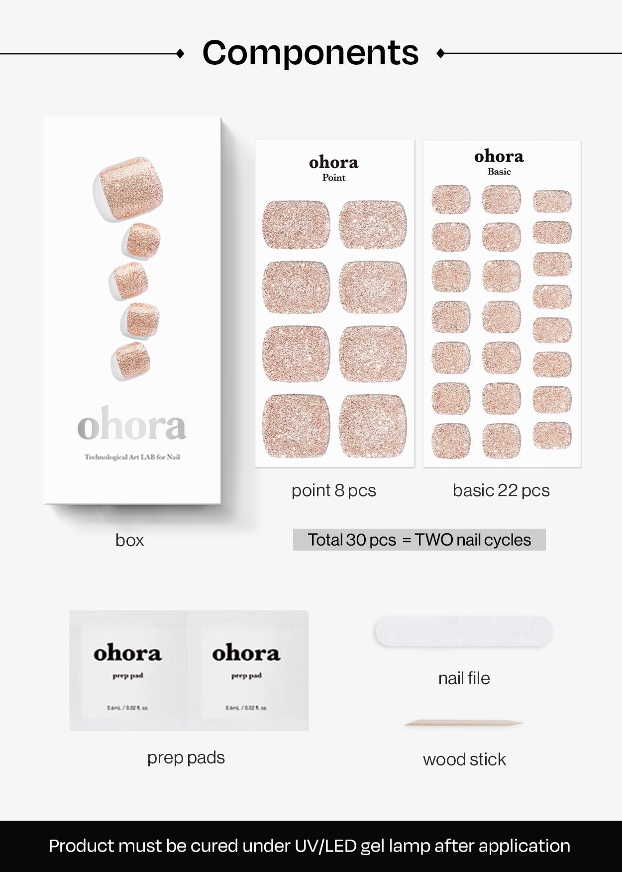 ohora Semi Cured Gel Pedi Strips (P Diamant) - Nude, Glitter, Works with Any UV/LED Lamps, Salon-Quality, Long Lasting, Easy to Apply & Remove - Includes 2 Prep Pads, Nail File & Wooden Stick