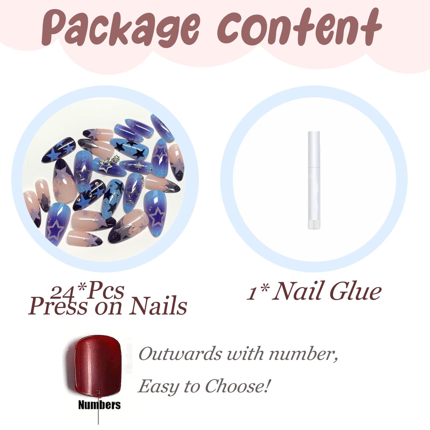BABALAL Press on Nails, Almond Medium Fake Nails, Blue Black Y2k, Silver Star Print, Gothic French Tip Reusable Bling Glue on False Nails 24Pcs