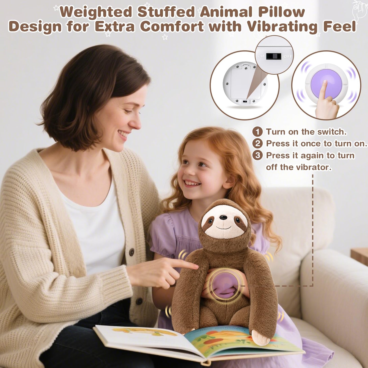 Joyreal Sloth Sensory Weighted Vibrating Pillow, Pressure Activated for Kids Adults, Plush Minky Soft Size: 11 by 21 inches Pillow Animal for Gift Birthday