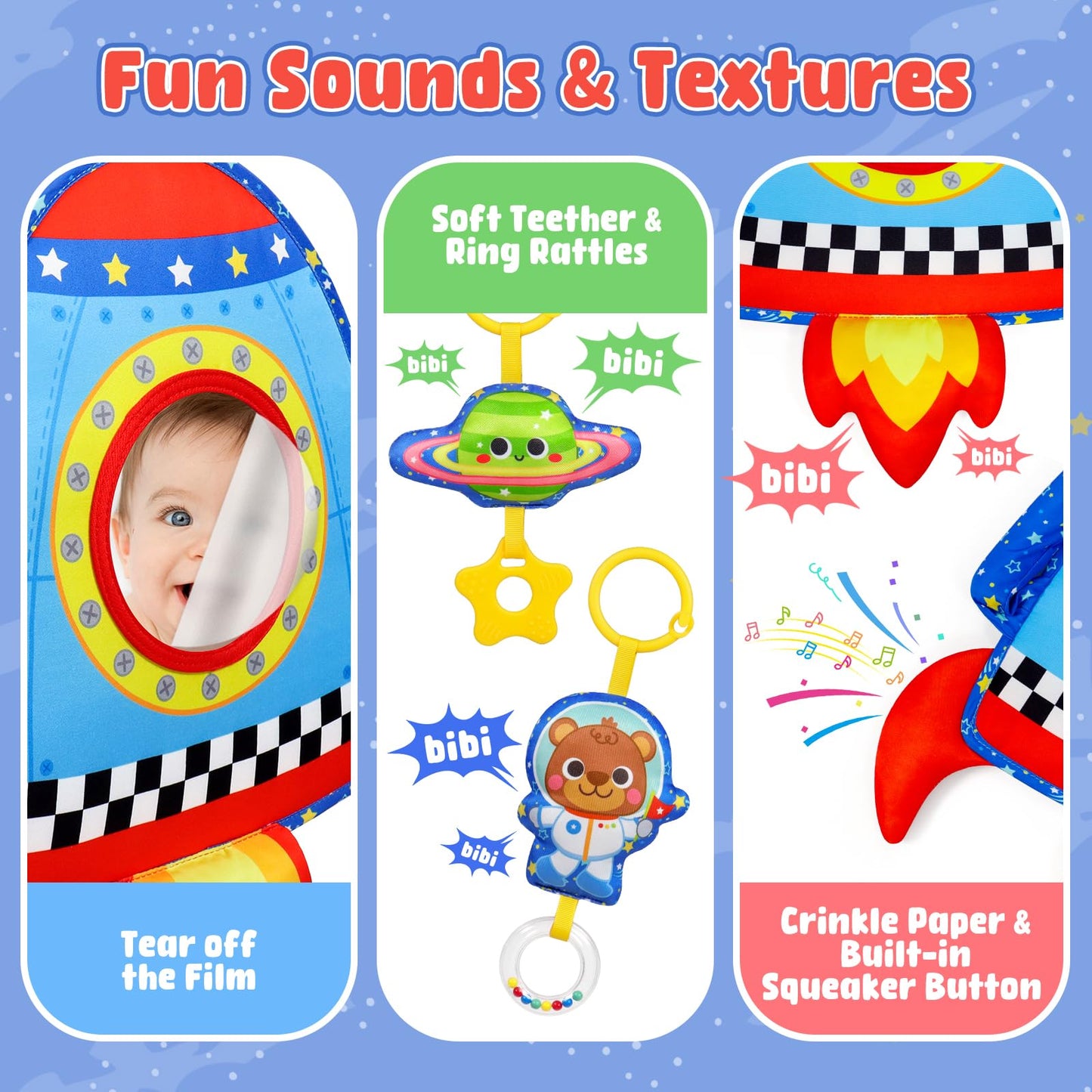Dr.Rapeti Double-Sided Car Seat Toy, Rear Facing Car Seat Toy, Travel Activity Set, Easier Drive for Newborn, Adjustable Activity Arch with Baby Mirror, Teether, Ring Rattles