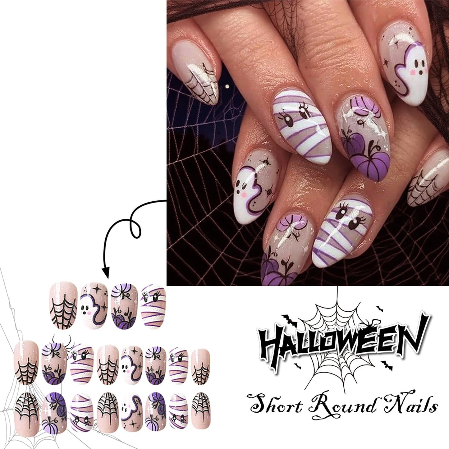 Halloween Press on Nails Short Oval Shaped Cute Ghost Pumpkin Mummy Pattern Design Halloween Nail Full Cover Artificial Acrylic False Nail French Spider Web Festival Stick on Nails for Women 24Pcs
