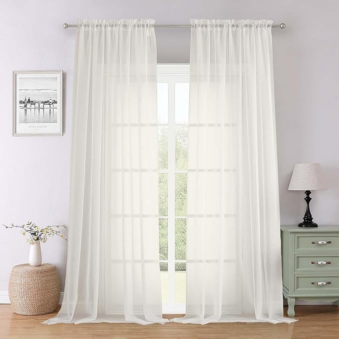Lecloud Ivory Sheer Curtains 96 Inches Long 2 Panels Set, Solid Airy Voile Dual Rod Pocket Sheer Curtains, Elegant Light Filtering Window Curtain Drapes for Living Room Bedroom Garden, 59" W x 96" L