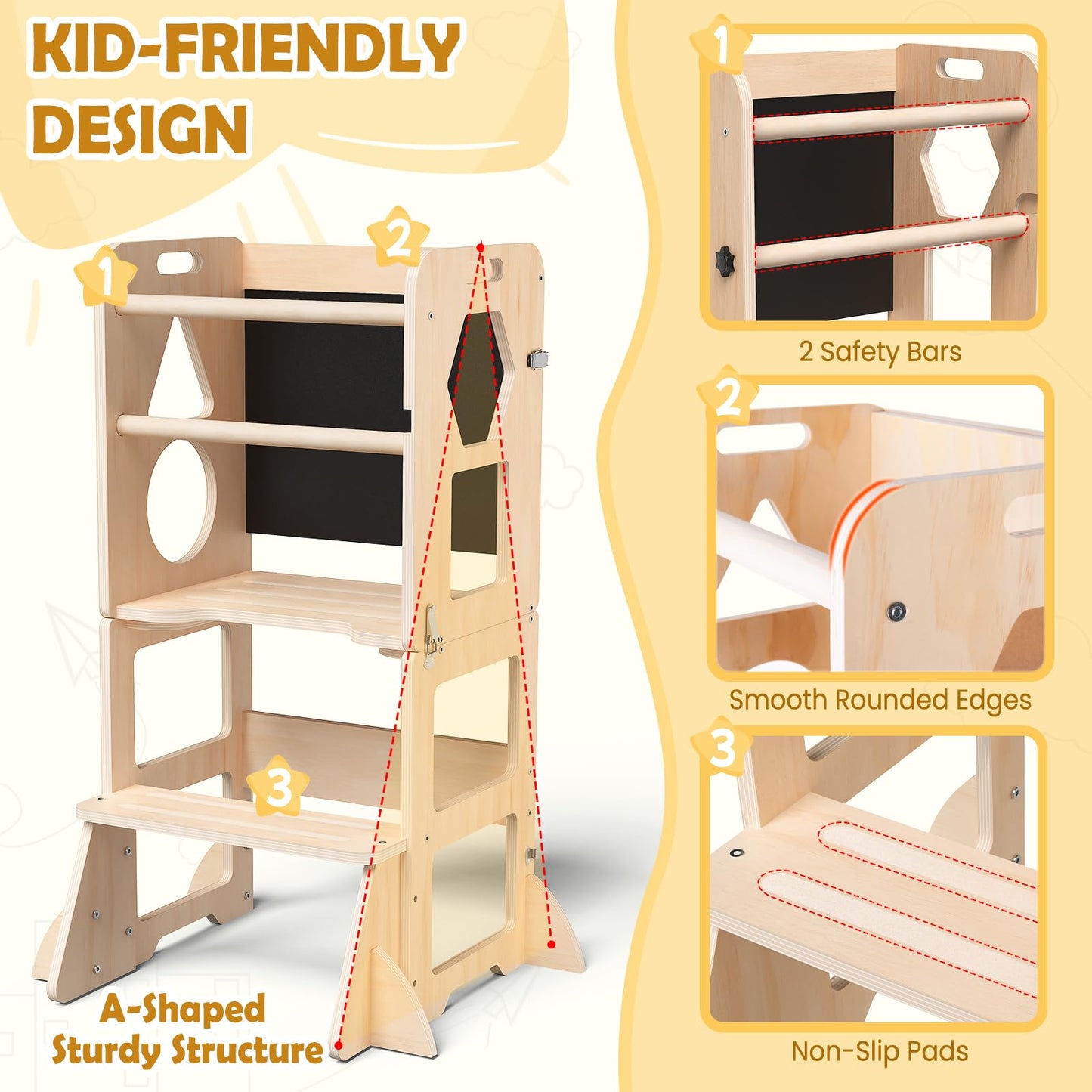 Woodure 4-in-1 Toddler Kitchen Step Stool, Foldable Learning Standing Tower with Blackboard, Wooden Kitchen Stool Helper for Kids, 1-3 Year Old Boy Girl Gifts