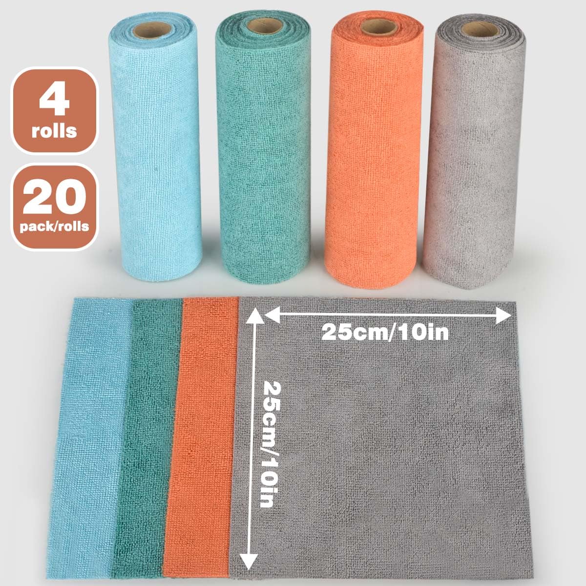CONLI 4 Roll Microfiber Cleaning Cloth 80 Pack Reusable Microfiber Towels for Household Cleaning and Car Cleaning Easy Tear-Away and Lint Free