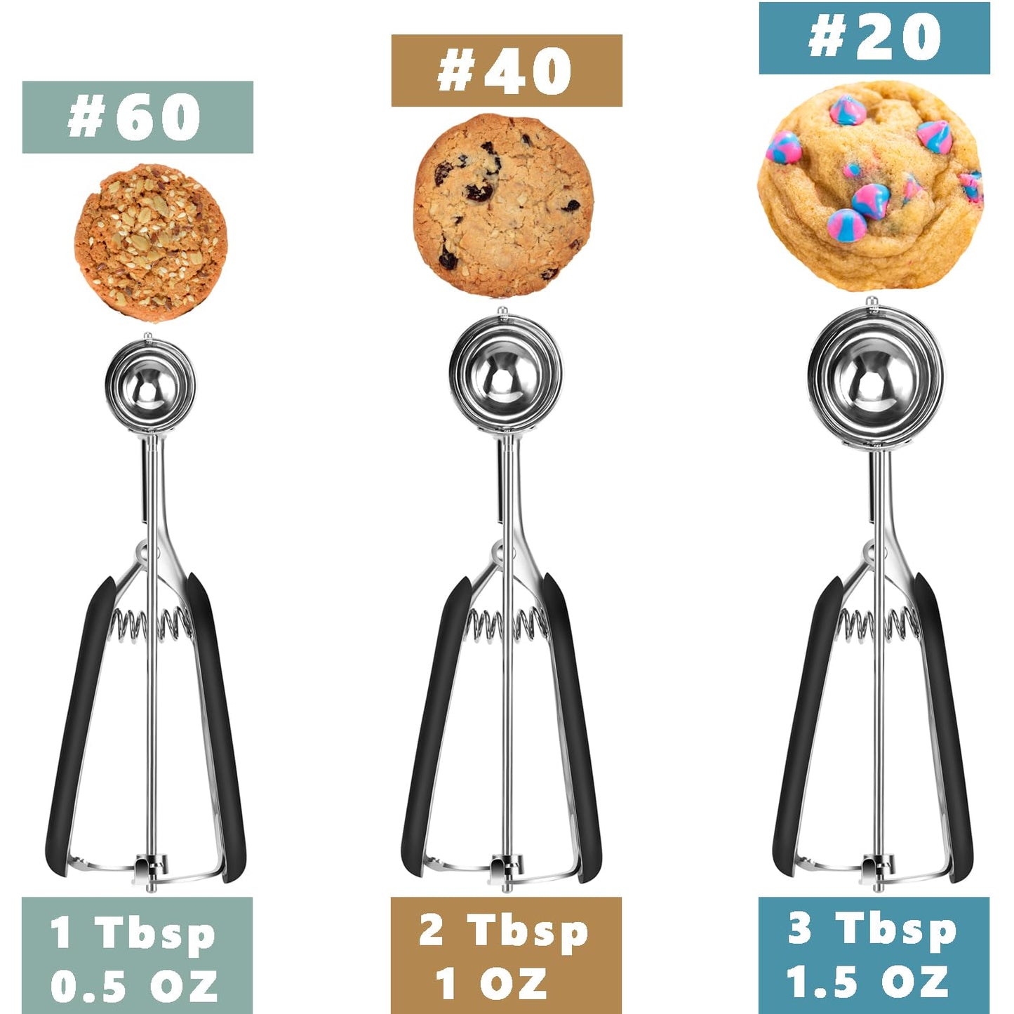 HOMURE H Cookie Scoop Set, Include 1 Tbsp/2 Tbsp/3 Tbsp, Cookie Dough Scoop, Cookie Scoops for Baking Set of 3, 18/8 Stainless Steel, Good Grip, Non-Slip, For Cookies Cupcake Muffin Ice Cream waffle