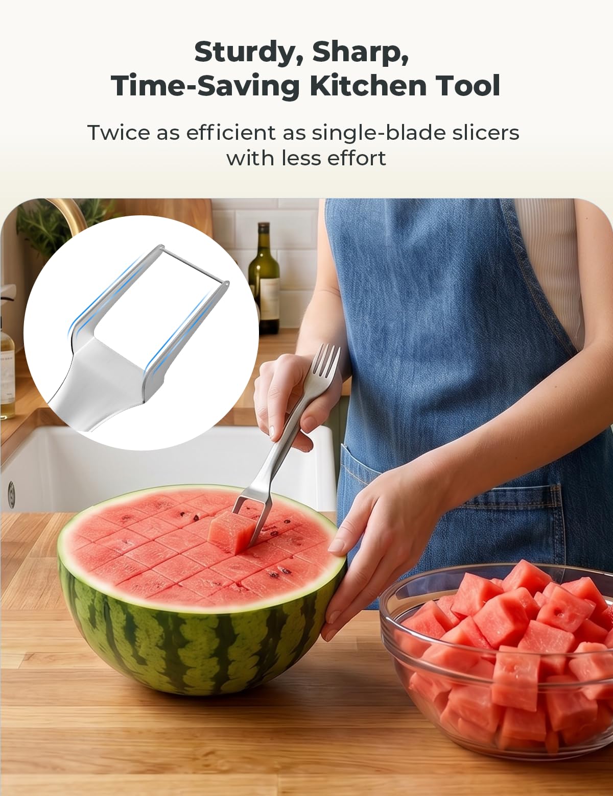 CripsTaste Watermelon Fork Cutter Slicer Tool, 2-in-1 Stainless Steel Fruit Cutter Melon Slicer Cutter Tool, Watermelon Cutting Tool for Home Party Camping Kitchen Gadget