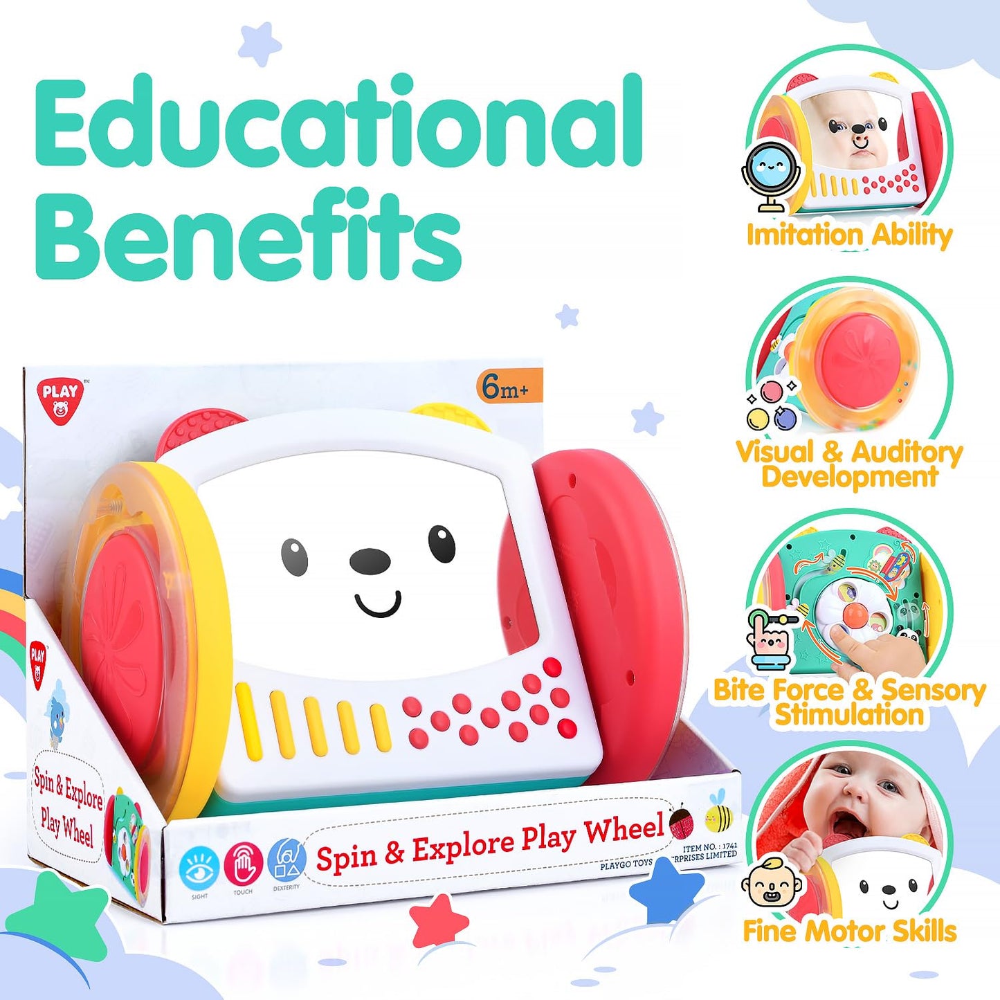PLAY Tummy Time Toys Rolling Baby Mirror Activity Toy for Newborn 0 3 6 9 12 Months with Teethers Infant Mirror Crawling Montessori Toys for Brain Development Visual Stimulation, Double-Sided