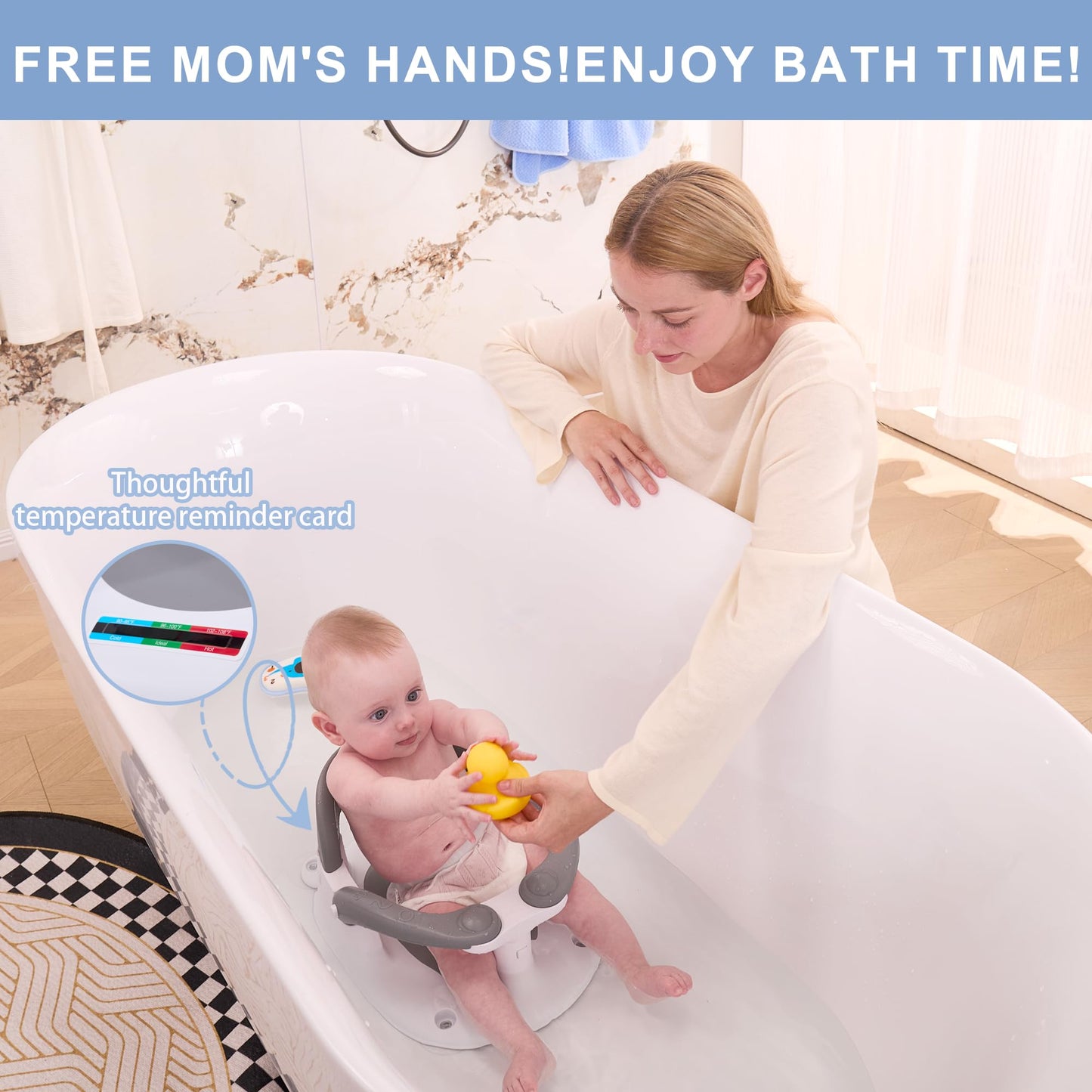 Wddbb Baby Bath seat for Babies 6 Months & up, 360° Stable Toddler Bath Chair with one-Touch Button, Back Hollow Design, Water Temperature Card & 4 Suction Cups for Safety (Dark Gray)