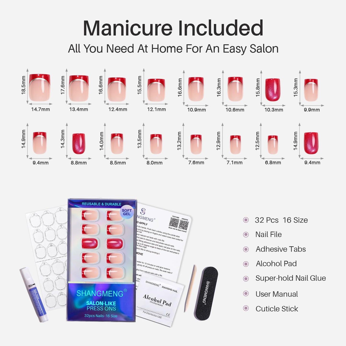 Red Glitter Press on Nails and French Tip Nails with Silver Line - SHANGMENG Soft Gel Short Square Nails for Women Gift, Glossy Glue on Nails in 16 Sizes - 32 Reusable Fake Nails Kit, Muse & Flame