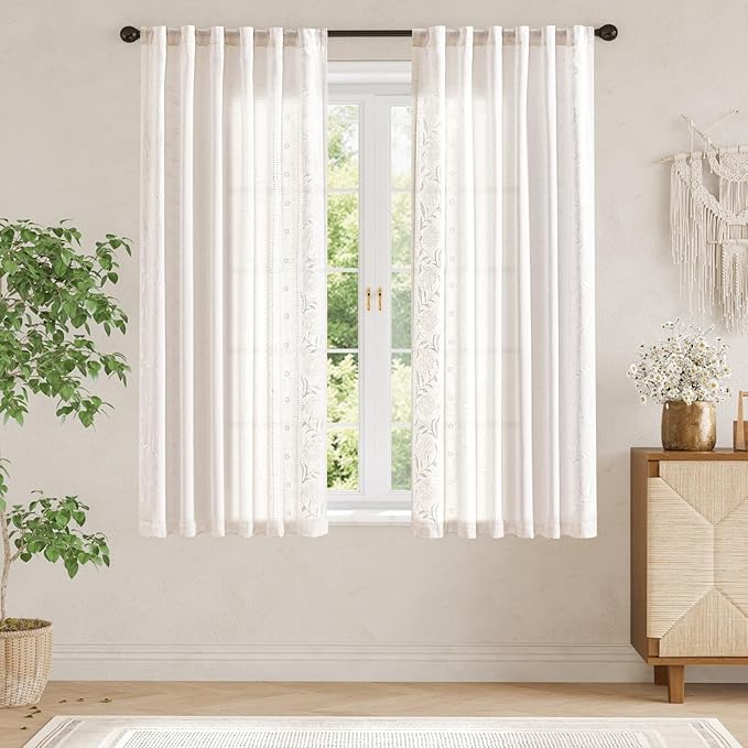 jinchan Winslow Linen Curtains for Bedroom 63 Inches Length Embroidered Bordered Floral Curtains for Living Room Farmhouse Decor Light Filtering Window Treatments White on White Drapes 2 Panels