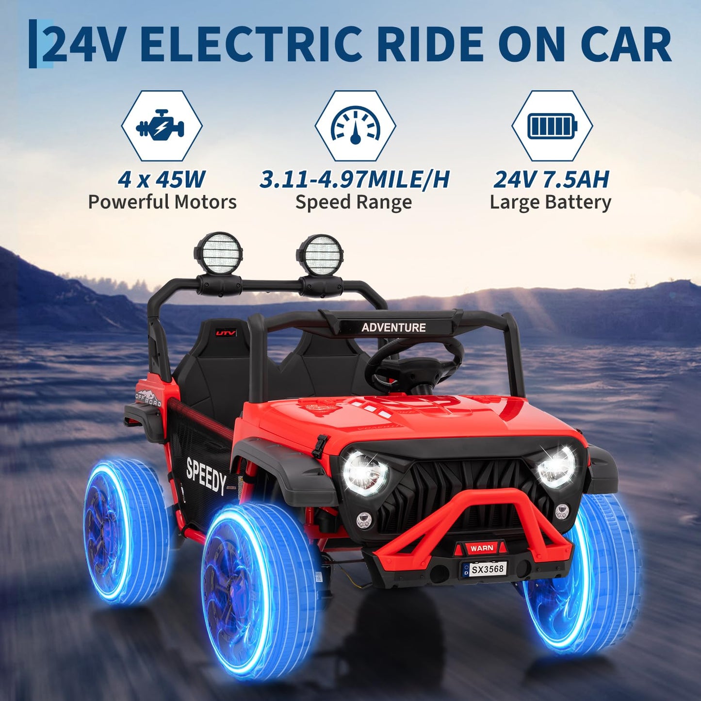 Garvee 24V Ride on Toys for Big Kids with Remote Control - 4WD Electric Car, 2 Seater UTV, Spring Suspension, Front & Behind LED Lights, Dual Storage, 3 Speeds, Bluetooth Music, Parent Safety Brake,