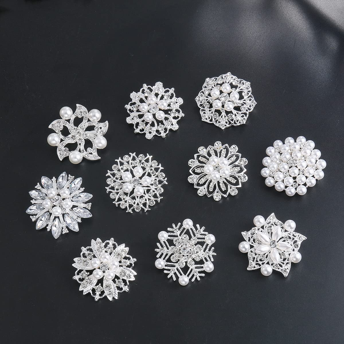 WeimanJewelry Silver/Gold/Rose Gold Plated Assorted Crystal Rhinestones Brooch Pins Set for DIY Wedding Bouquets Kit (Silver with pearls 10pcs)