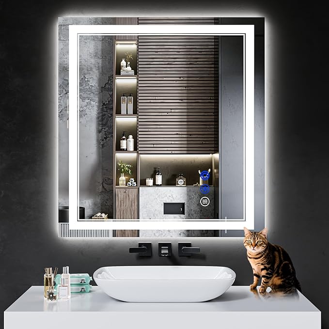 32"x30" LED Bathroom Mirror with Anti-Fog, Stepless Dimmable Lights, 3 Color Modes, Shatter-Proof Tempered Glass, Memory Function & Waterproof Design