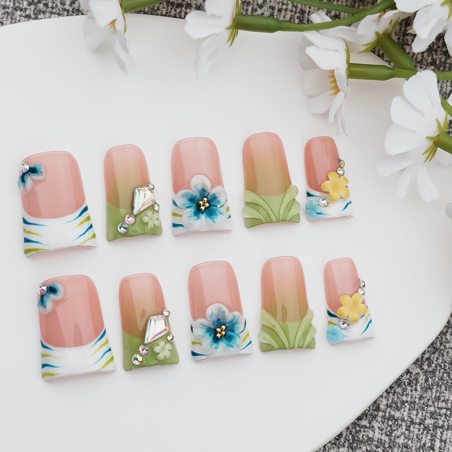 Tesytto 10Pcs Handmade Press on Nails Short Duck Nails Press ons Green French Tip with 3D Floral Rhinestone Design Stick on Nails for Women Nails Art (Whisper in Blush & Mints,S)