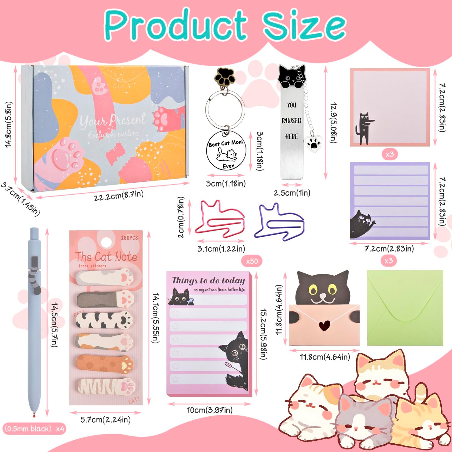 76 Pcs Cat Lover Gifts for Women - Cute Office Sticky Notes Supplies, Cat-themed Pens Stationery Set, Post Notepads Desk Accessories, Small Girls Funny Stuff, Mini Cat Clips Decor, Unique School Items