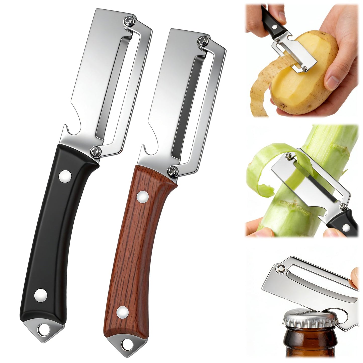 2pcs 2026 Upgrade Premium Vegetable Peeler with Wooden Handle and Bottle Opener, Multifunctional 3-in-1 Stainless Steel Kitchen Tool for Fruit Apple Potato Pumpkin Papaya