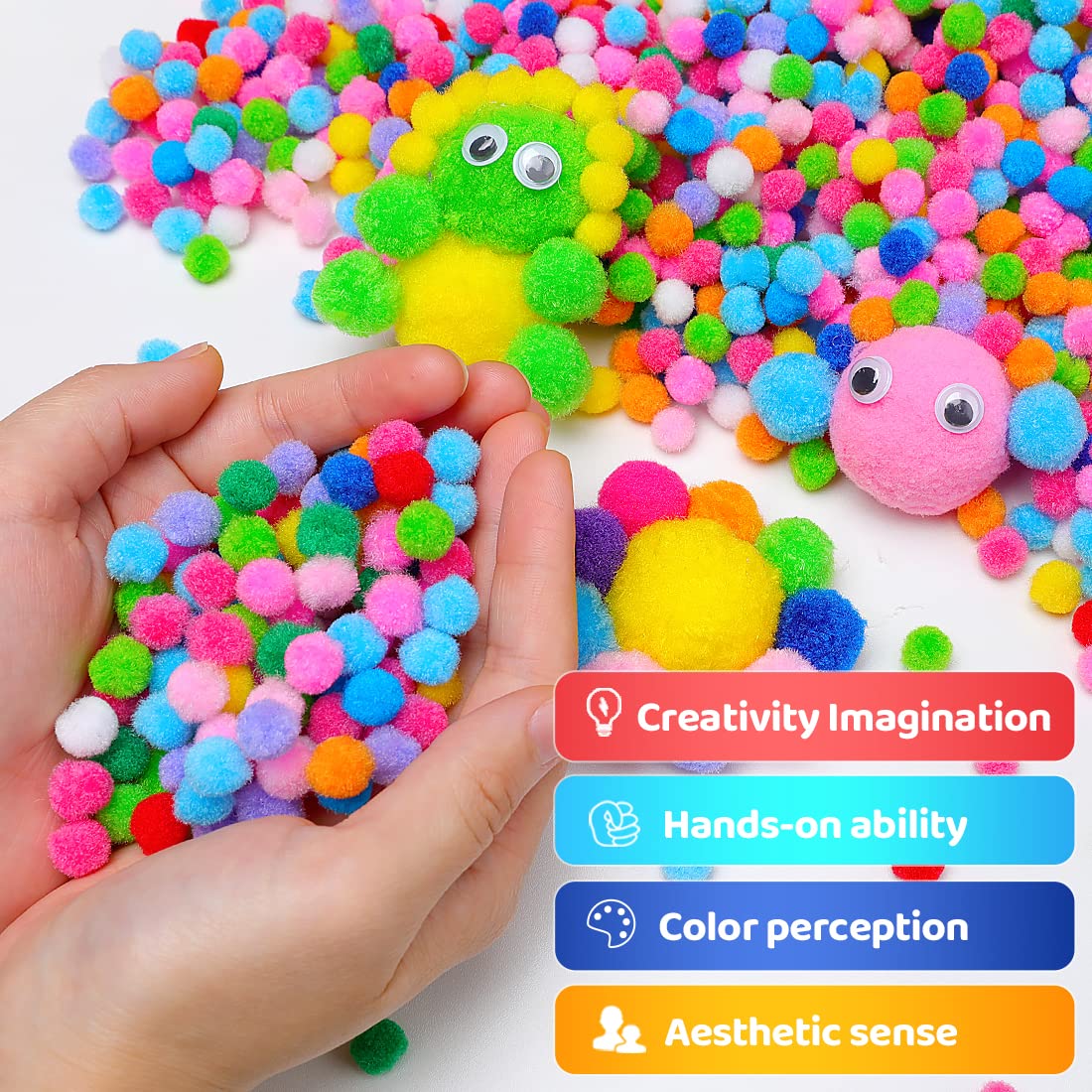 Praisebank Pom Poms, 3600pcs 1cm, 3200 Small Pompom Balls for Arts & Crafts, Soft and Fluffy Craft Pompoms with 400 Wiggle Eyes.(Multi-Colored)