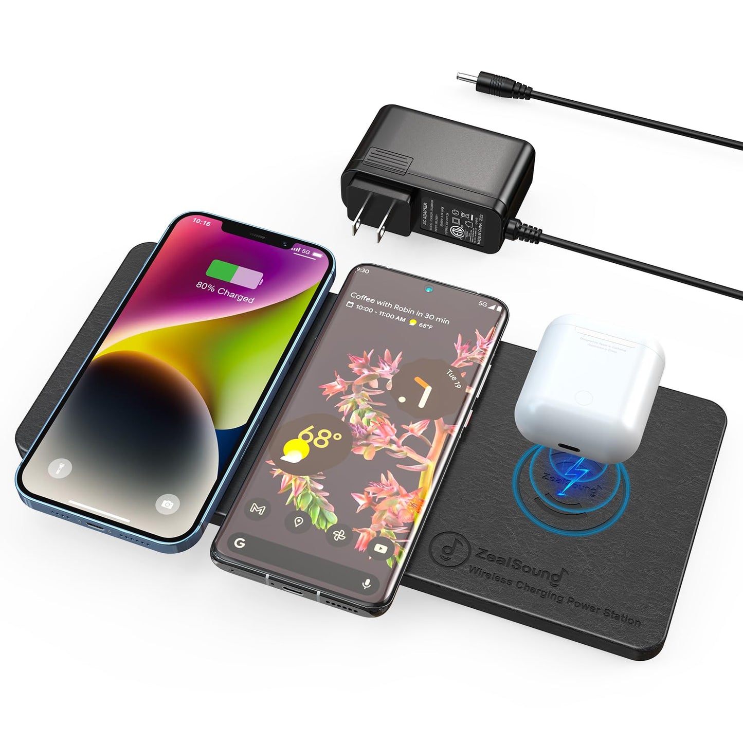 ZealSound Wireless Charging Pad, 3 in 1 Charger Mat for iPhone, Samsung Galaxy, Pixel, AirPods & Galaxy Buds, 24W Adapter Included, Ultra Slim, Case Friendly, PU Leather, for Home Office & Travel