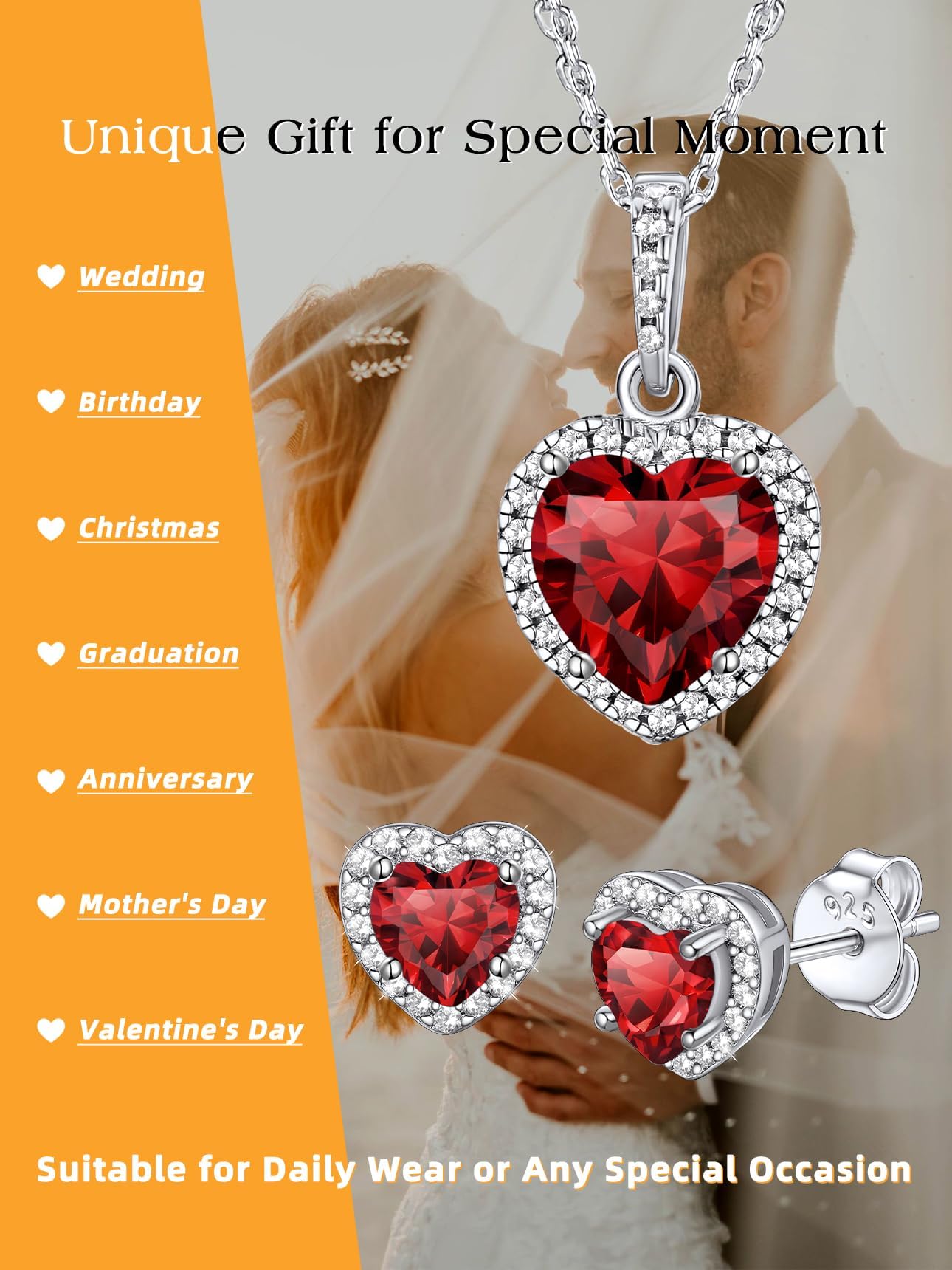 Bestyle 925 Sterling Silver Created Diamond Earrings Heart Studs for Women, 5mm January Granet Birthstone Gem Earrings Illuminated by 1mm White Cubic Zirconia