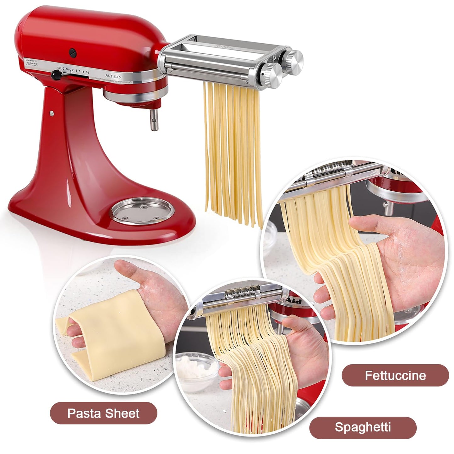 Pasta Maker Attachment for KitchenAid Stand Mixers, 3-in-1 Stainless Steel Pasta Roller & Cutter Set with Spaghetti and Fettuccine Blades, Includes 1 Metal Knob Screw Replacement