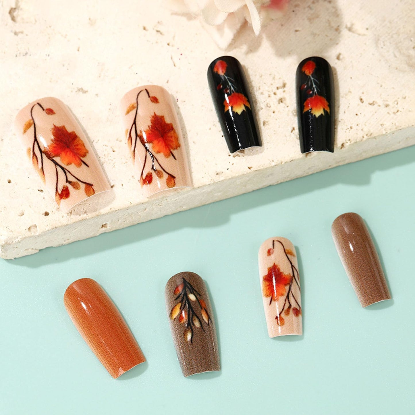 Fall Press on Nails Medium Coffin Fake Nails with Maple Leaves Designs Glossy Nails Press ons Brown Black Glue on Nails Autumn Acrylic Artificial Stick on Nails for Women 24Pcs