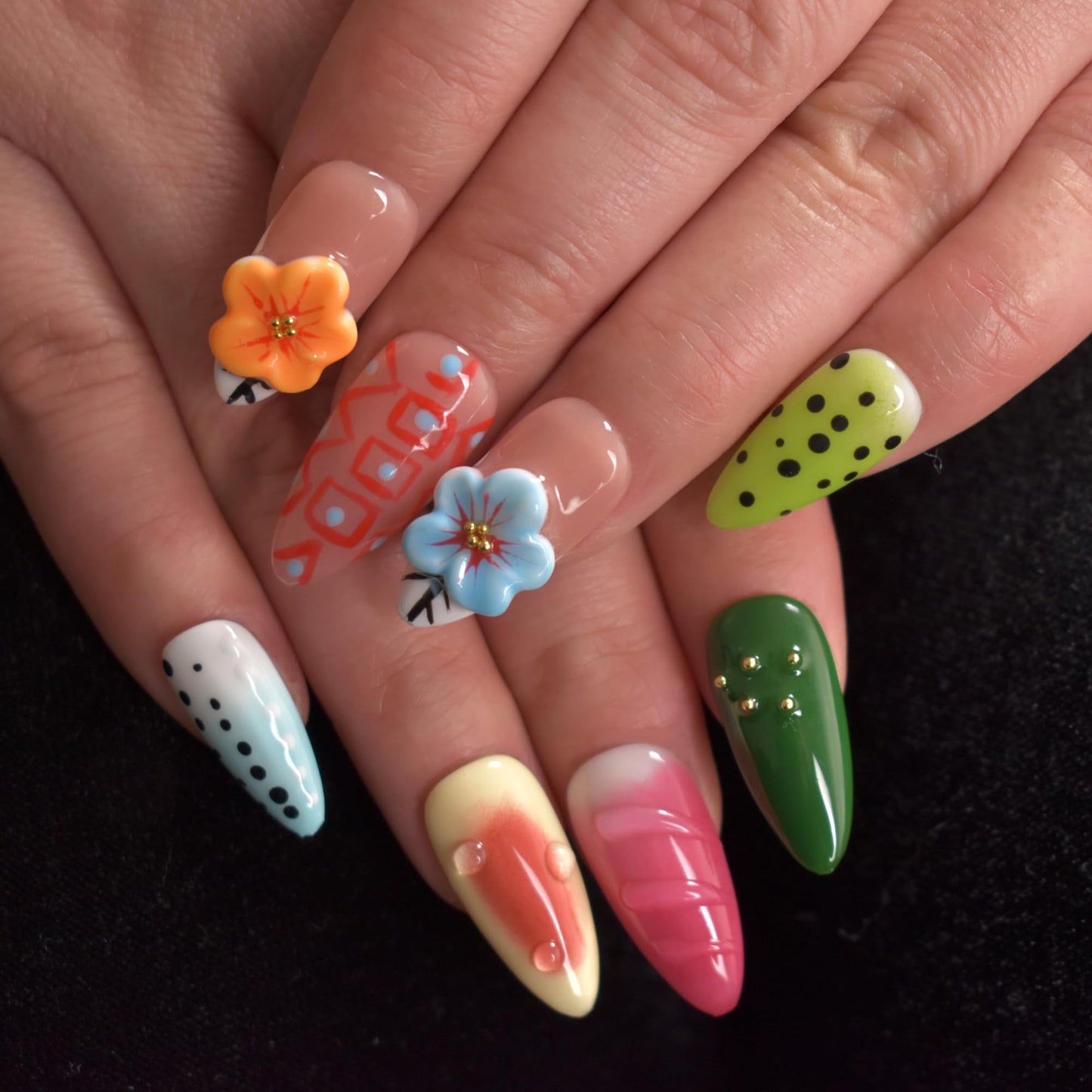 LIFOOST Handmade Press On Nails Almond 3D Hand Painted Flower Fake Nails with Cherry Droplet Designs Reusable Stick On Kit