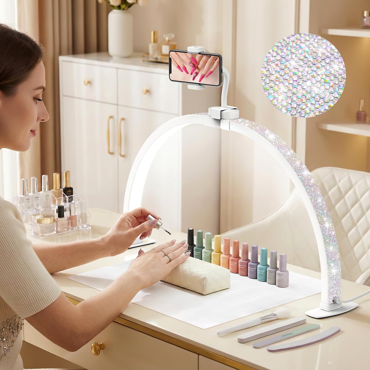 LIONVISON Half Moon Light for Desk: 29" Foldable Nail Light for Desk with Phone Holder - 3000K-6500K 3 Color Modes 10 Brightness for Salon Nail Technicians & Home DIY Manicure Enthusiasts (Diamond)