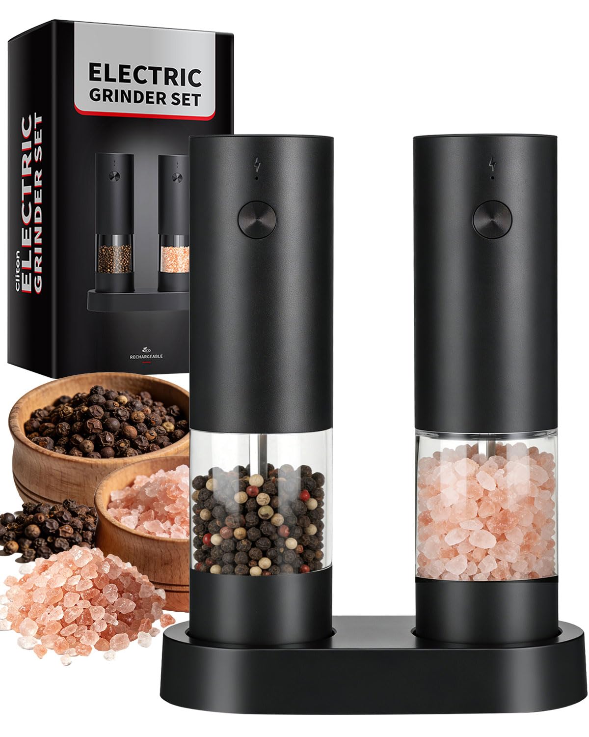 Electric Salt and Pepper Grinder Set Rechargeable, Automatic Salt and Pepper Shakers Mill Refillable, One Hand Operation Adjustable Coarseness, Kitchen Gadgets, House Warming Gifts New Home