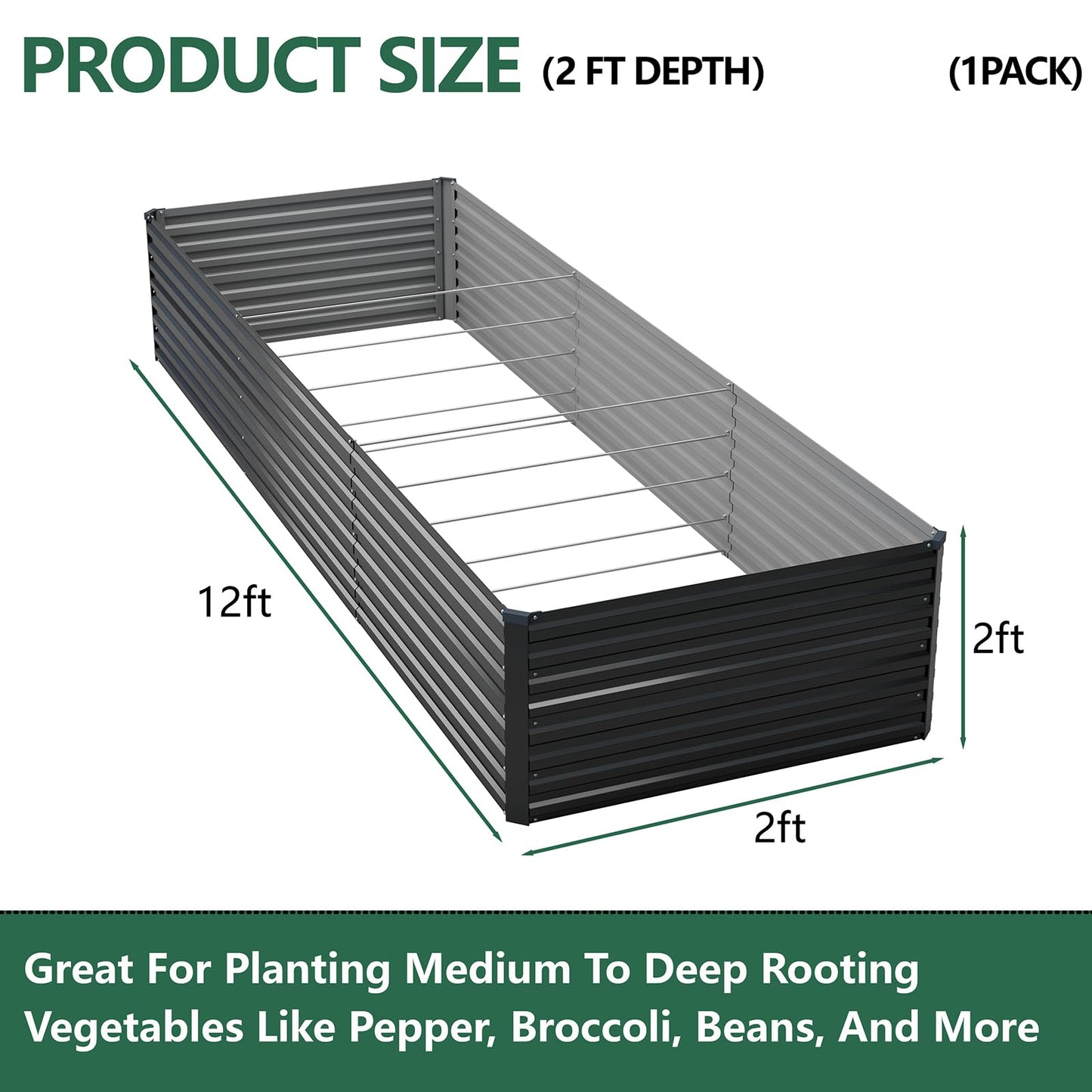 Vengarus 12x2x2FT Galvanized Raised Garden Bed Kit, Deep Root Planter Box Outdoor Large Planter Raised Beds for Planting Flowers,Vegetables and Herbs-Black