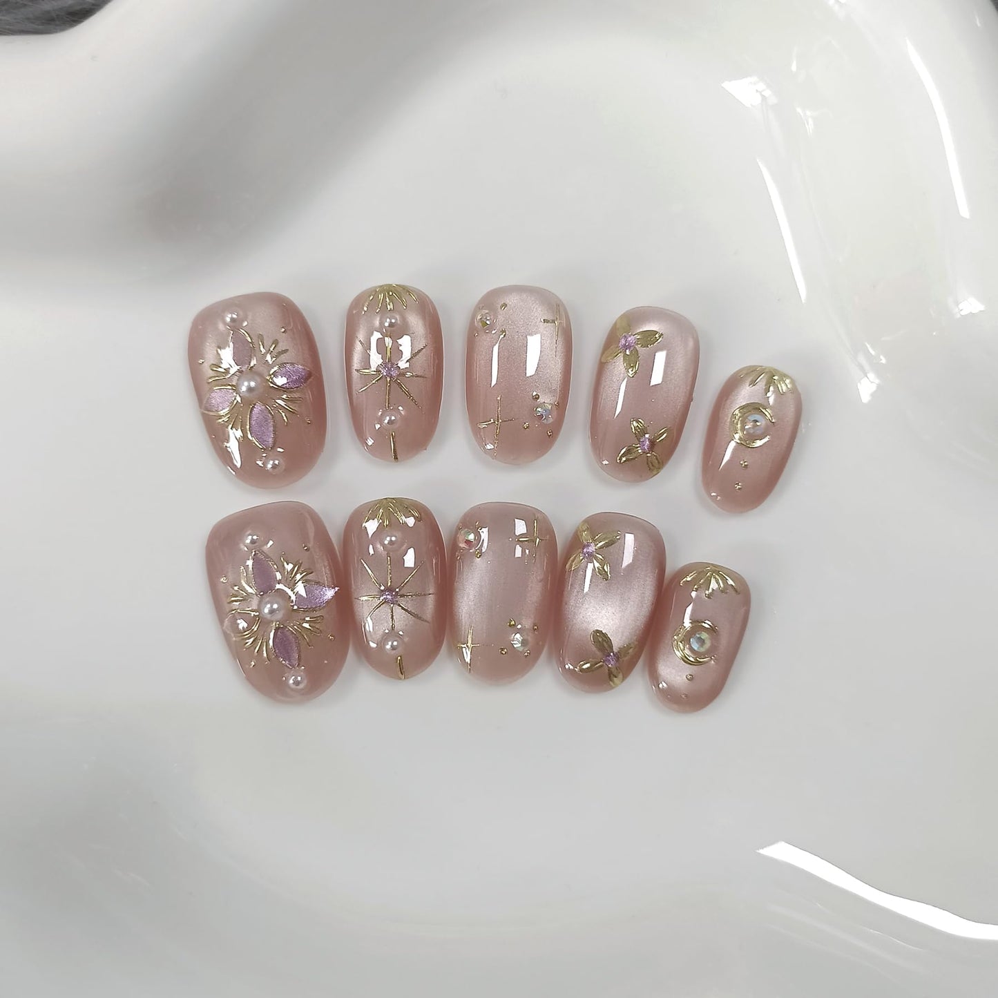 TENPAL Handmade Press on Nails Short Oval - Pink Cat Eye Glitter Sheer Nude Hand Painted Floral False Nails for Women - Glossy Acrylic Stick on Nails with Designs(S)