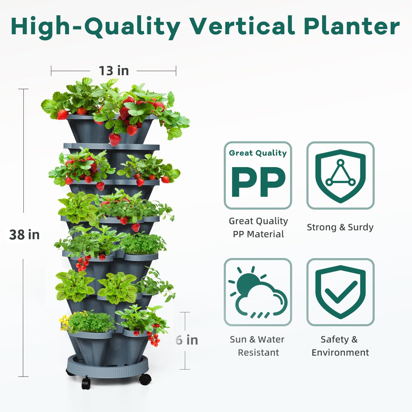 Tectsia 7 Tiered Strawberry Vertical Planters Tower Garden 2 Pack, Stacking Herb Vegetable Planter with Support Pole Indoor and Outdoor - Dark Grey