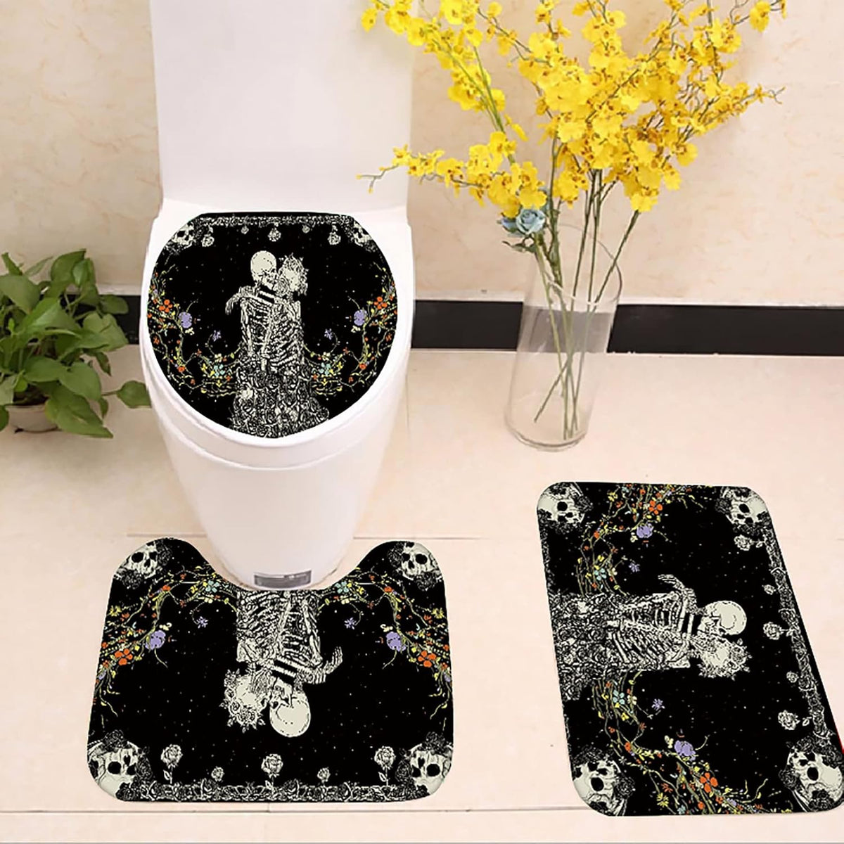 NEWSUYAA Halloween Decorations Shower Curtain Set with Non-Slip Rugs and Bath Mats, 4 Pcs Skull Black and White Skeleton Couple with Floral Bath Decor Toilet Cover Hooks Bathroom Accessory