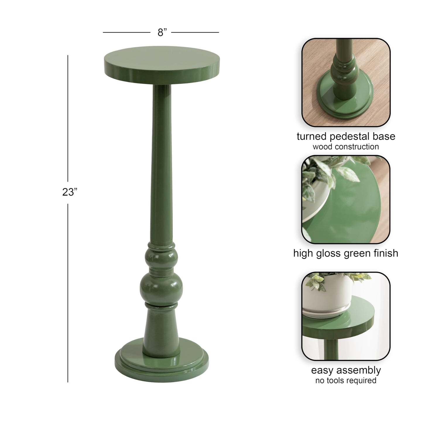 Kate and Laurel Wegner Transitional Wooden Round Drink Table, 8 x 8 x 23, Gloss Green, Modern Durable Pedestal Table for Use as Indoor Plant Stand, or Decorative Living Room Decor Accent
