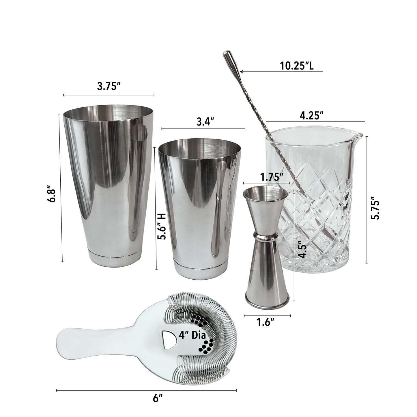Lily's Home 6-Piece Boston Cocktail Shaker Set: Boston Shaker Cocktail Set,Mixing Glass, Mixing Spoon,Dual Sided Jigger and Stainer,for Home Mixology,Cocktail Lovers & Beginner