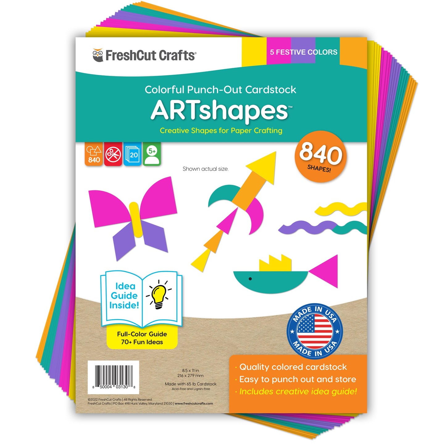 ARTshapes 840 pc Creative Paper Shapes Pack with 70+ Idea Guide - US Made Card Stock - Punch Out Funky DIY Craft Supplies for Whimsical Art Designs, Paper Crafts, and Pattern Play 5 Festive Colors