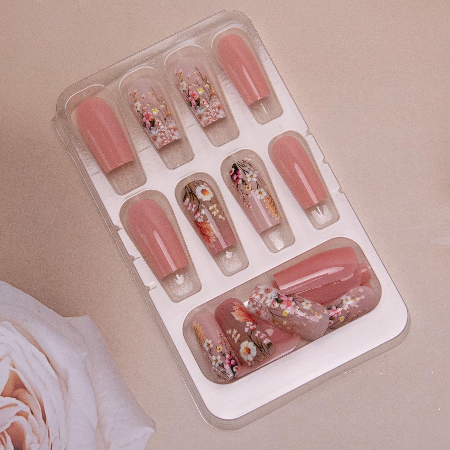 Purple Press on Nails Short Coffin Fake Nails 3D Flower Acrylic Nails Floral Leaf False Nails Matte Stick on Nails Square Artificial Nails for Women Girls Manicure 24Pcs
