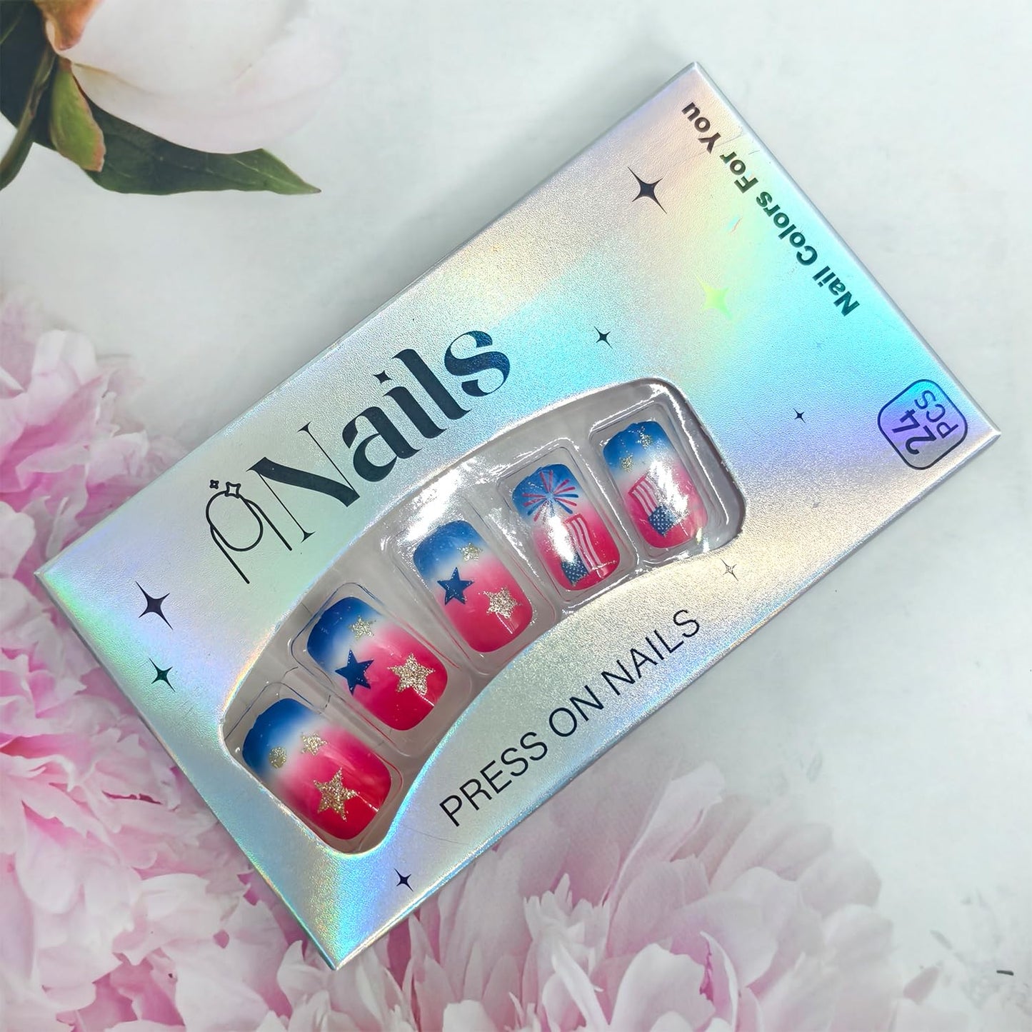 Independence Day Press on Nails Medium Square Fake Nails Gradient US Flag Color Stars Glitter with Fireworks False Nail 4th of July Stick on Glue on Artificial Fingernails for Women Holiday Manicure