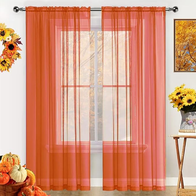 SpaceDresser Basic Rod Pocket Sheer Voile Window Curtain Panels Jaffa Orange 1 Pair 2 Panels 52 Width 90 Inch Long for Kitchen Bedroom Children Living Room Yard(Jaffa Orange,52 W x 90 L)