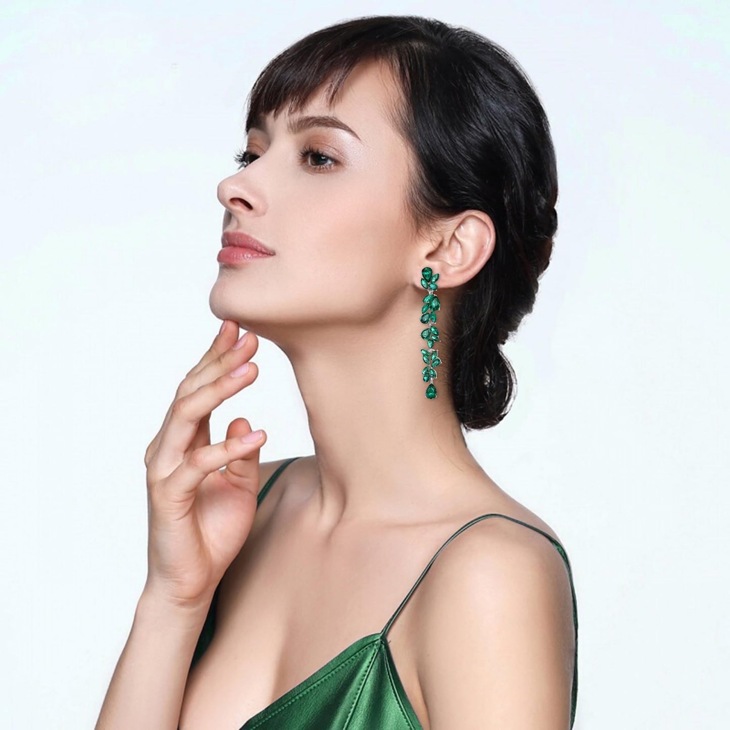 EVER FAITH Wedding Rhinestone Crystal Chandelier Dangle Earring for Women Brides, Art Deco Marquise Teardrop Bridal Long Drop Earrings for Prom Green Silver-Plated-Base