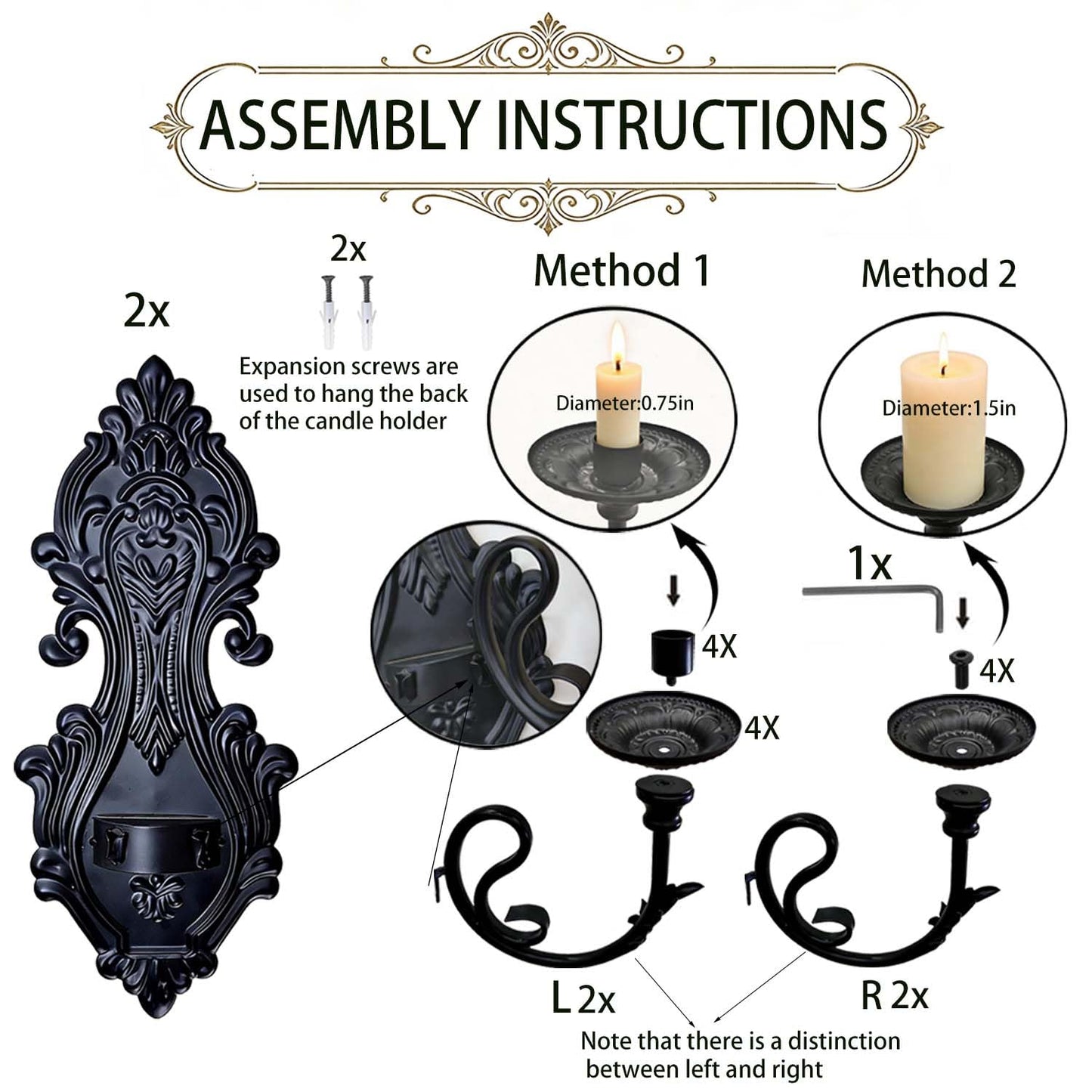 Black Metal Candle Holder Gothic Wall Decor Style Candle Sconces Set of 2, for Taper & Pillar Candle（not Contain Candles）
