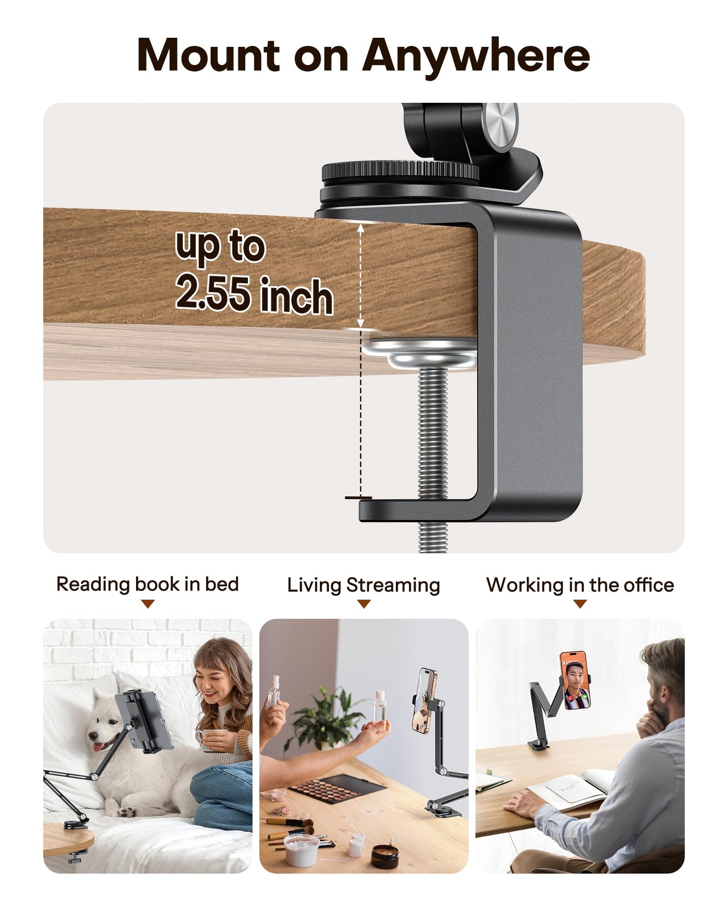 OMOTON Adjustable Tablet Stand for iPad, Desk Phone Holder for Bed with 2 Clamps, Flexible Aluminum Alloy Mount with 360° Rotation for 4-13" Devices (Black)
